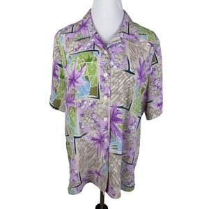 Alia Womens 16W Tropical Floral Button Down Blouse Purple Green Short Sleeve Top